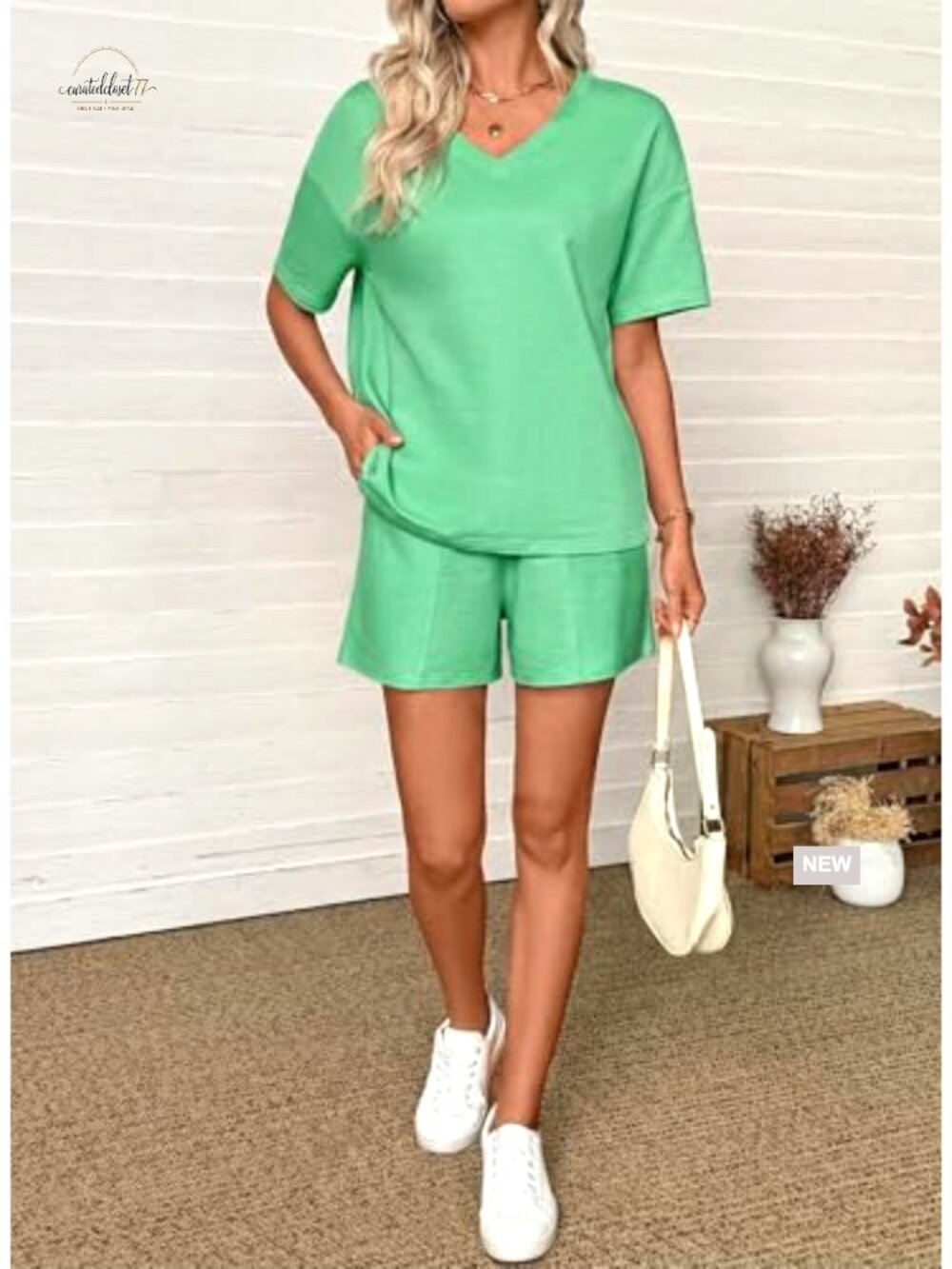 Women's V-Neck Short Sleeve Tee and Drawstring Shorts Set with Pockets - Picture 6 of 7